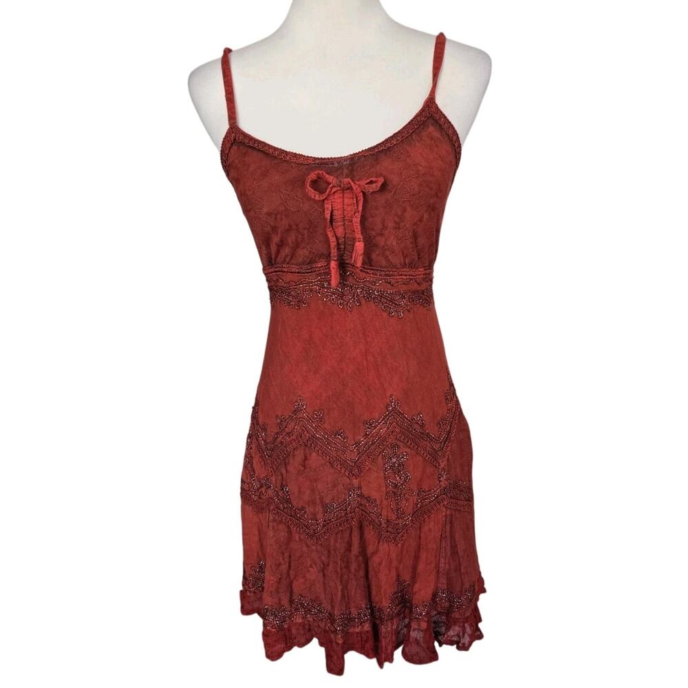 Sakkas Boho Stonewashed Embroidered Festival Red Sundress Adjustable Straps S/M